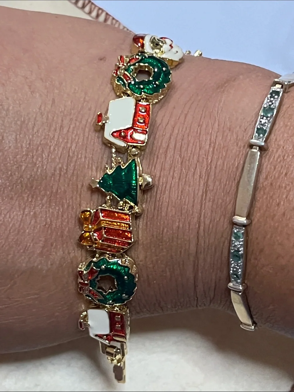 Gold-Tone Festive Charm Bracelet with Green, Red & White Enamel